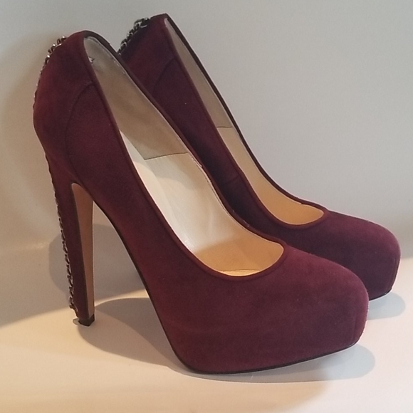 Brian Atwood Chain Heel Pump Wine Suede 36 - Picture 2 of 8